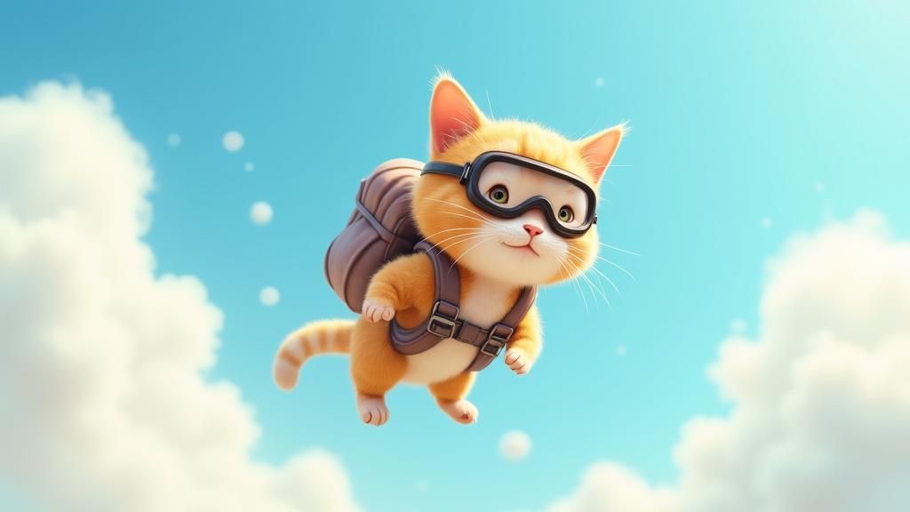 Cat Skydiving with Parachute, Watercolor Illustration Style
