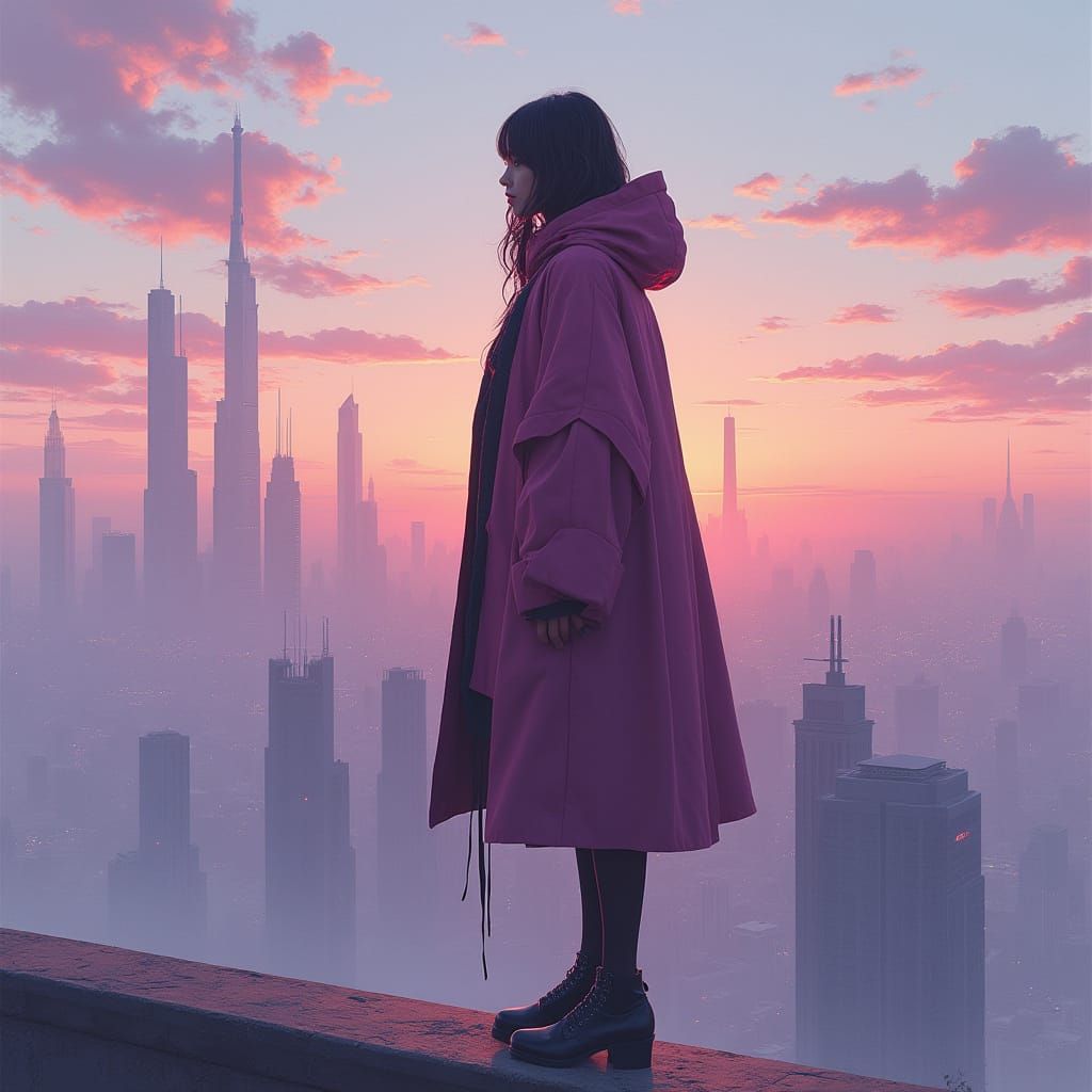 Mysterious Figure Reveals Futuristic Cityscape in Lavender D...