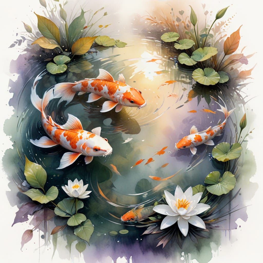 Pastel Koi in Lily Pond: Watercolor Painting