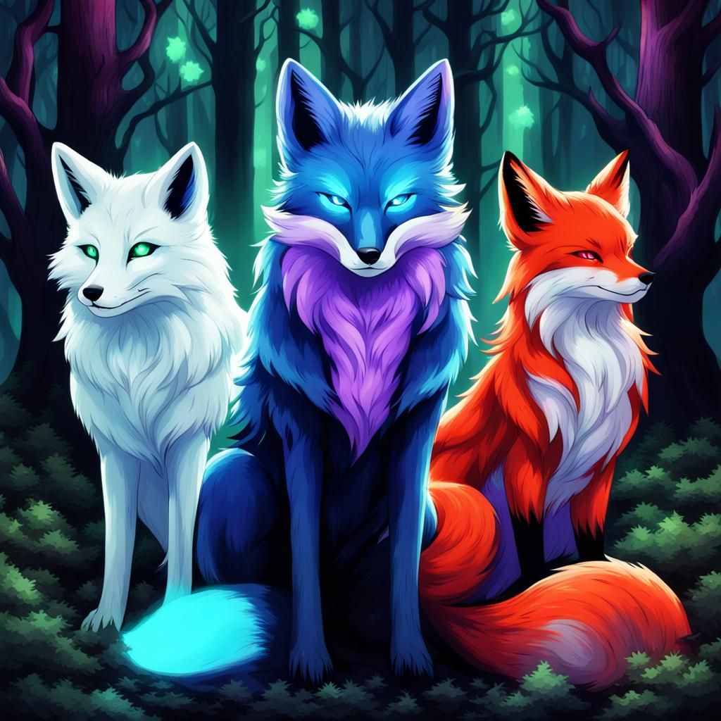 Nine-Tailed Foxes with Glowing Auras