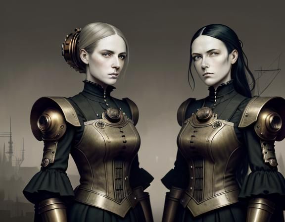 Steampunk Twins in Time Machine: Dark Fantasy Art