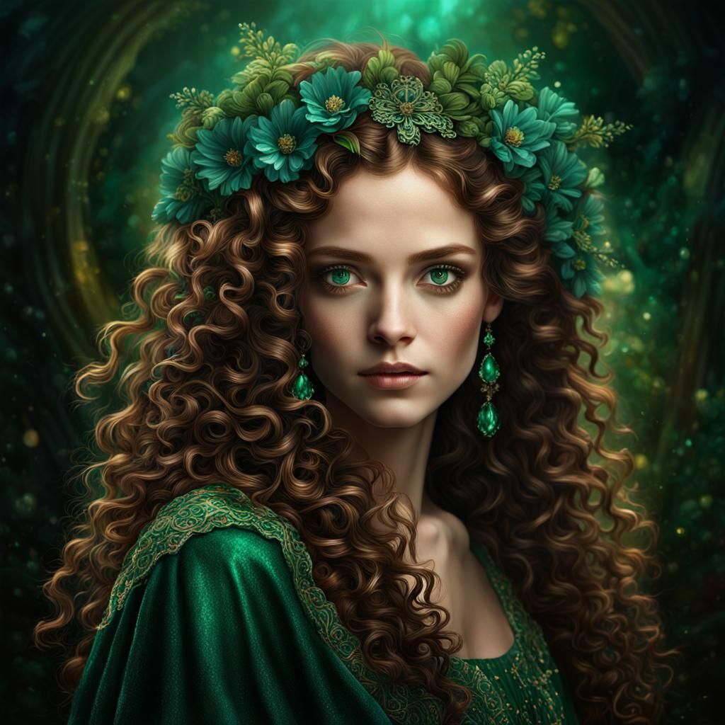 Emerald-Eyed Woman with Floral Adornments in Cinematic Portr...