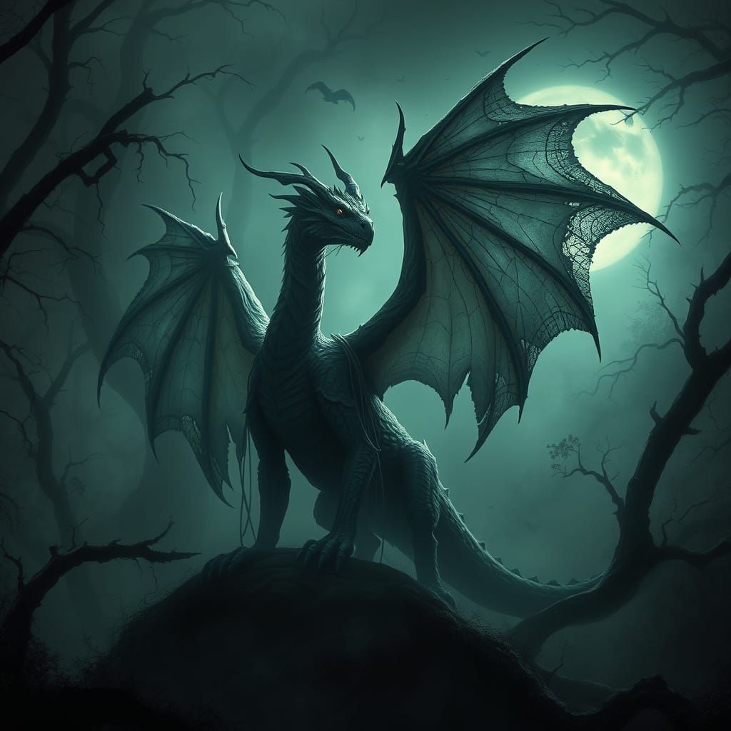Mystical Dragon in Dark Forest with Spiderweb Wings