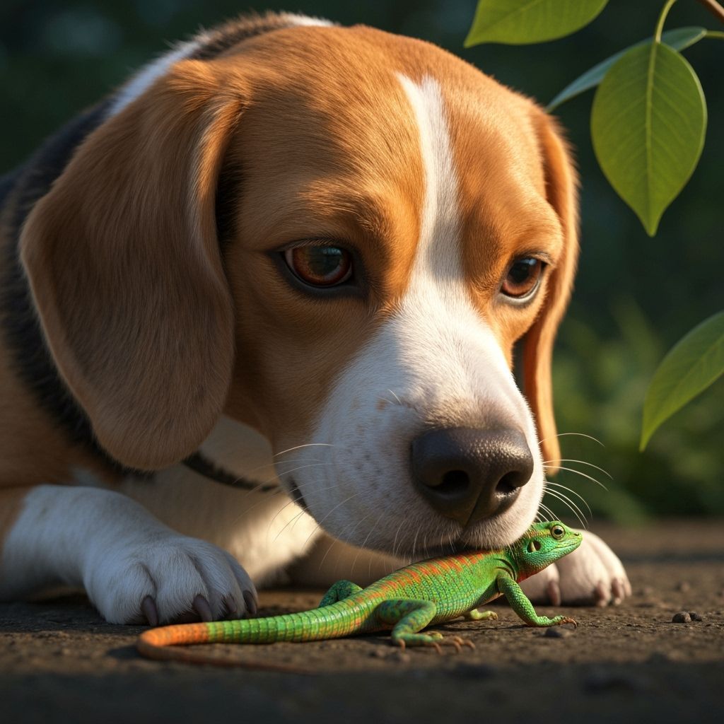 Hyperrealistic Beagle Sniffs Colorful Lizard in Cinematic De...