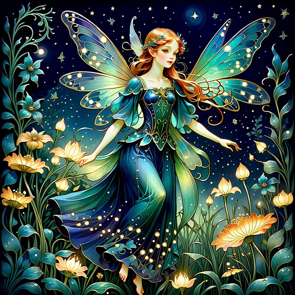 Fairy in Midnight Garden, Art Nouveau Style
