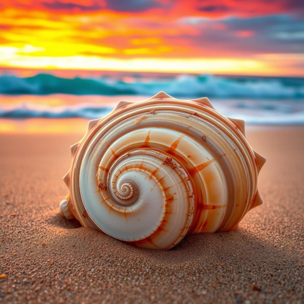 Conch Shell on Beach at Sunset: Portrait Photography