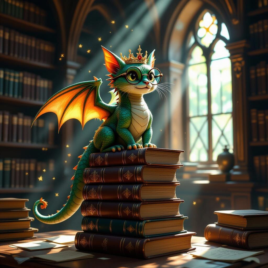 Whimsical Dragon in Dusty Library, Art Nouveau Style