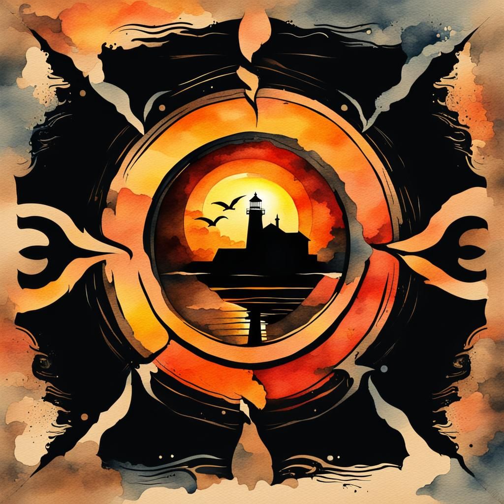 Watercolor Seascape at Sunrise with Lighthouse