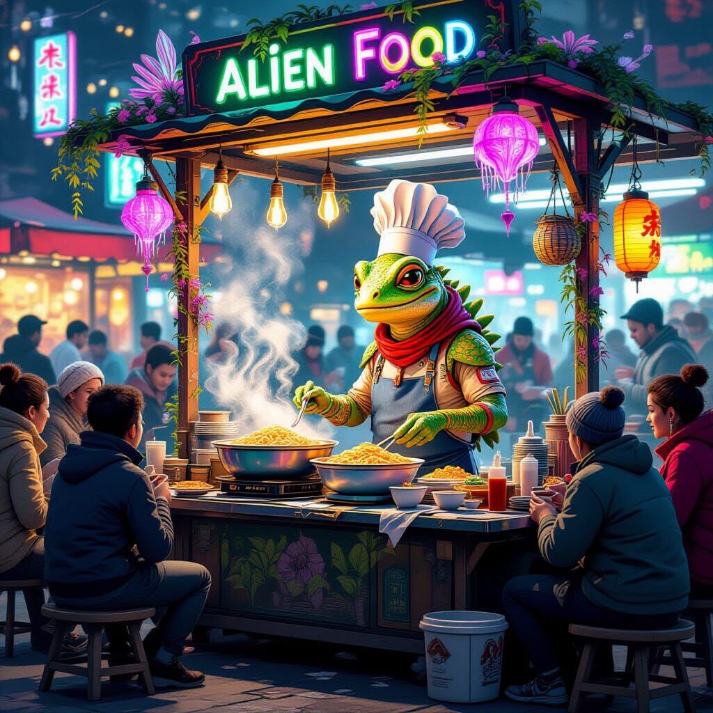 Exotic Alien Food Stall Chalk Art Rendering