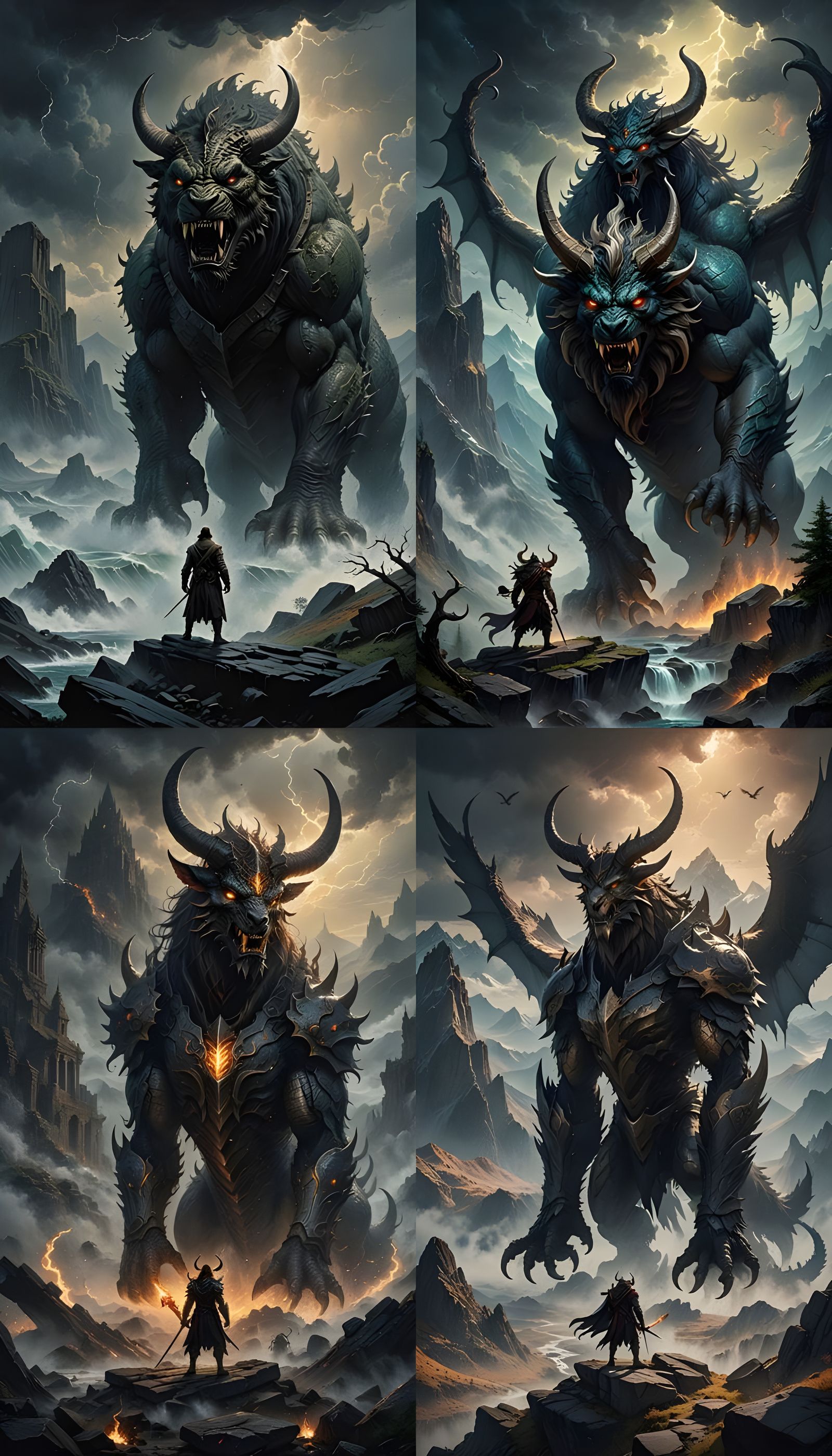 Mythic Beast Emerges from Ancient Mists in Cyberpunk Style