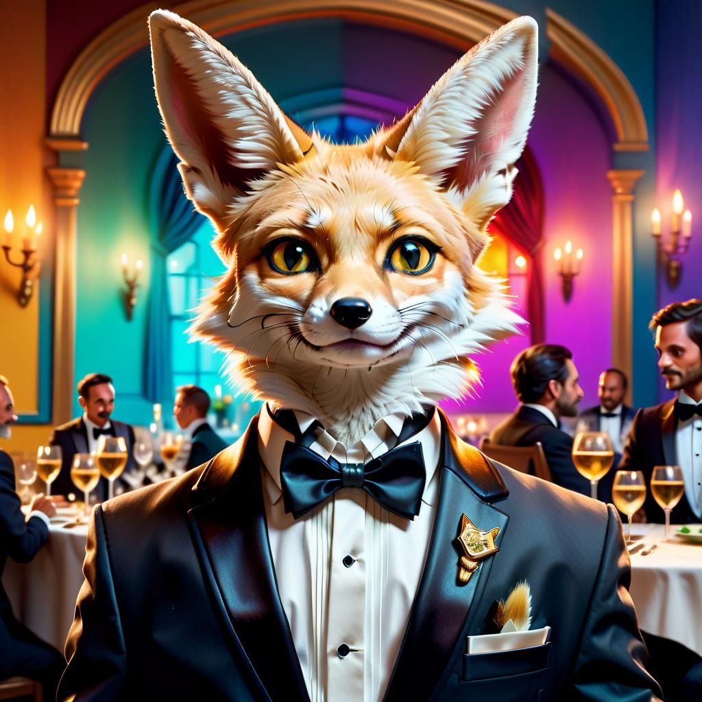 Fox in Tuxedo at Dinner Party