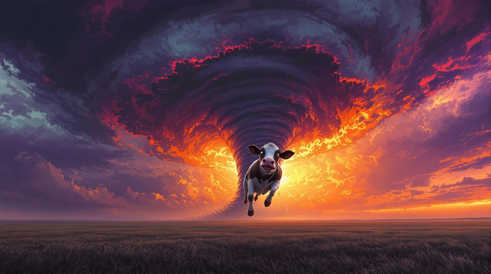 Tornado Ensnaring Cow in Vibrant Sunset Storm