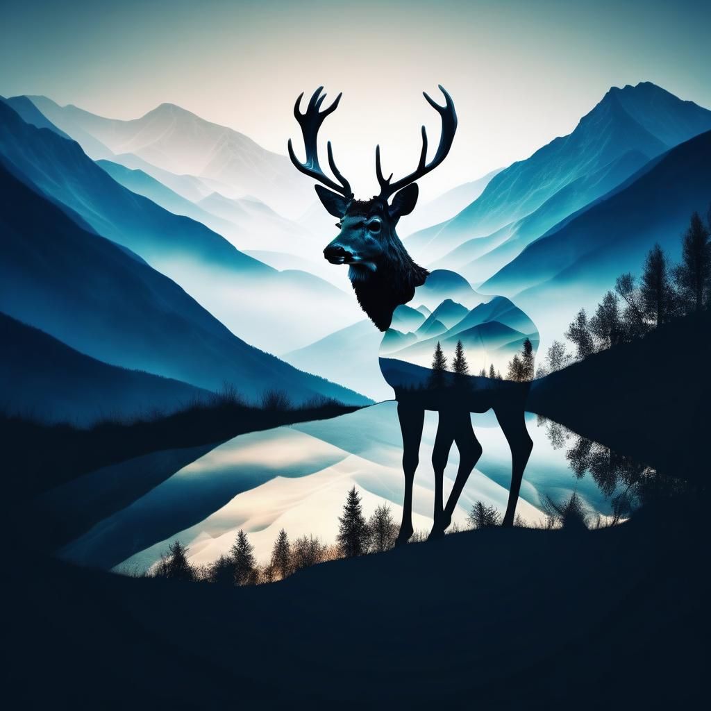 Cinematic Double Exposure: Mountains in Deer Silhouette