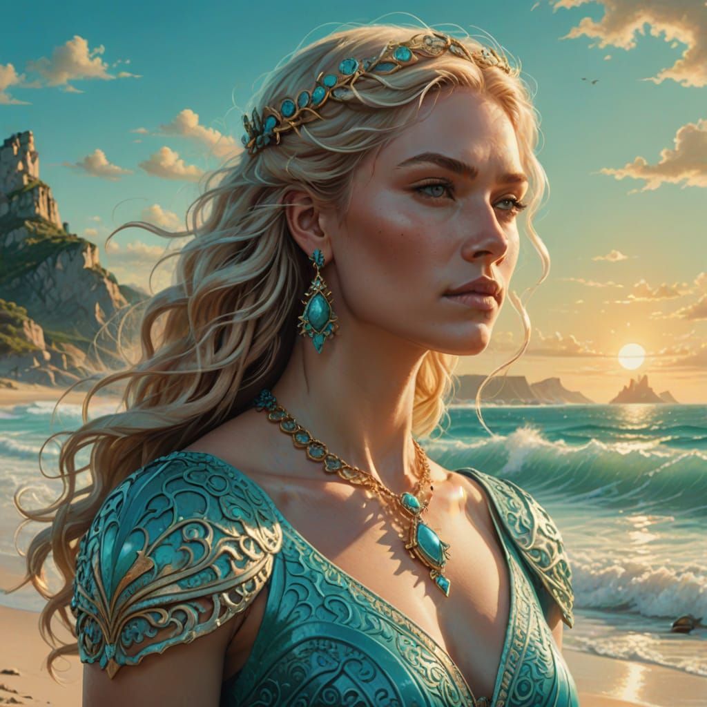 Blonde Woman and Turquoise King on Beach