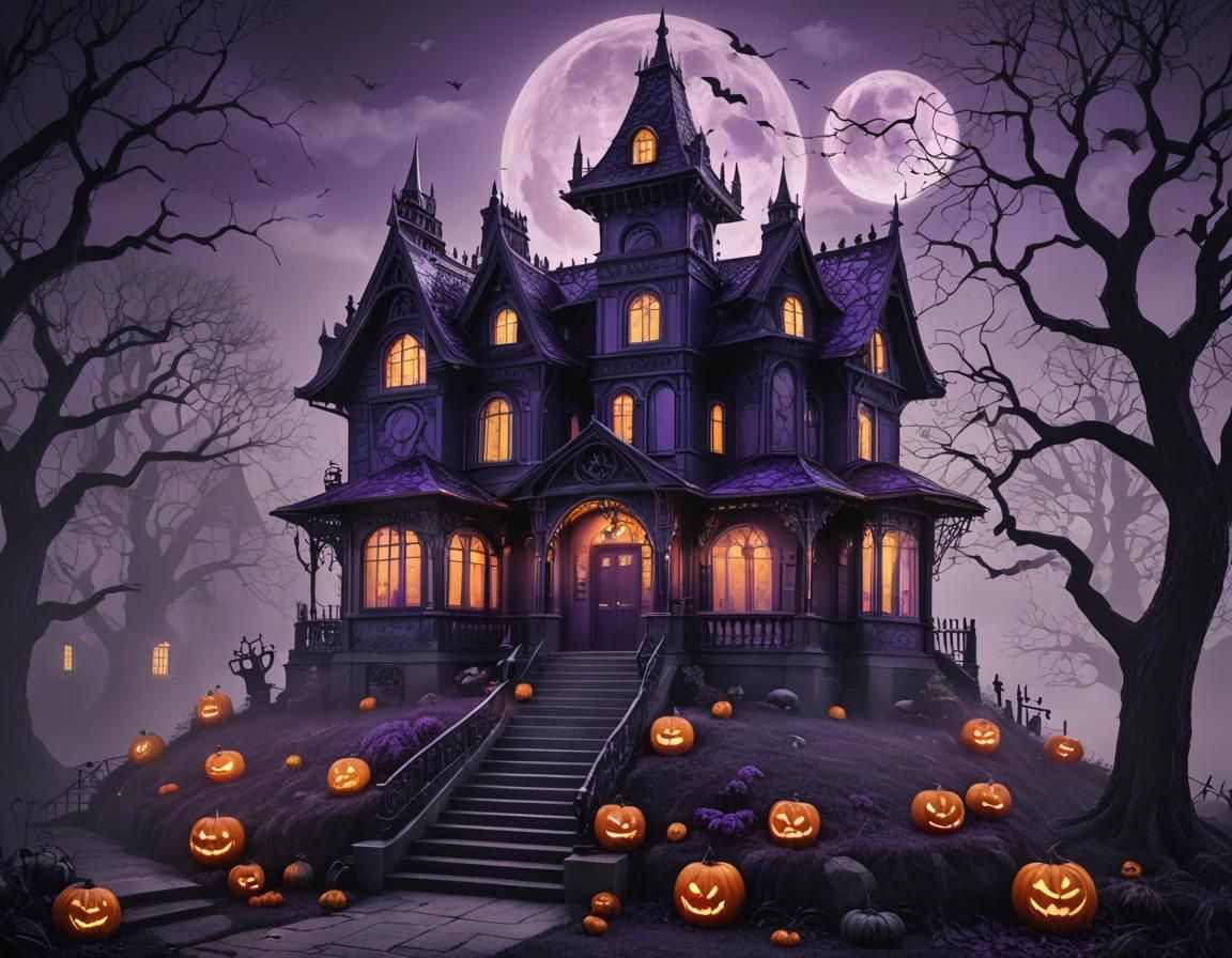 Art Deco Halloween House on Misty Night