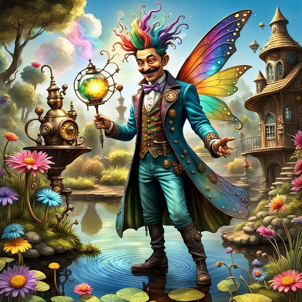 Whimsical Steampunk Fairy Godfather Casting a Spell