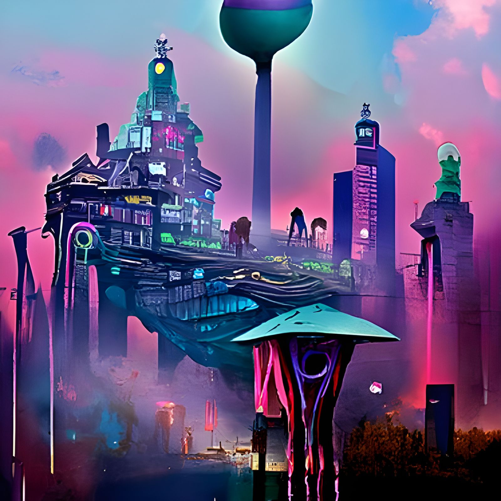 Dystopian City Dreamscape in Neon Sci-Fi Style