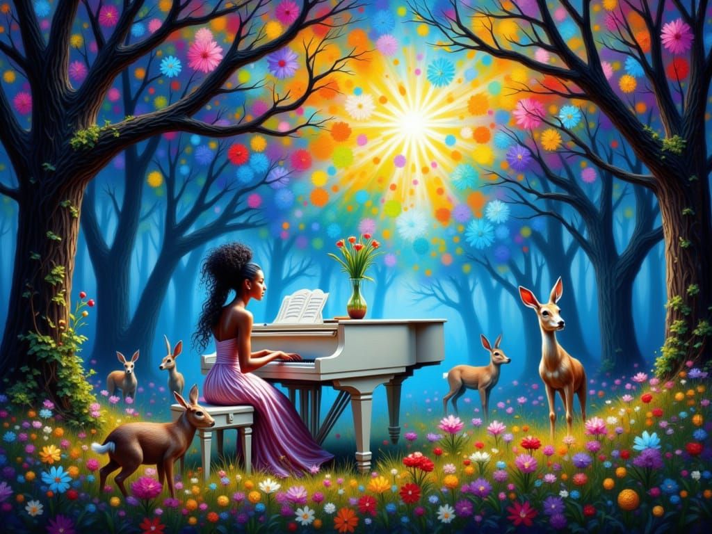 Elegant Woman Plays Piano in Enchanted Forest