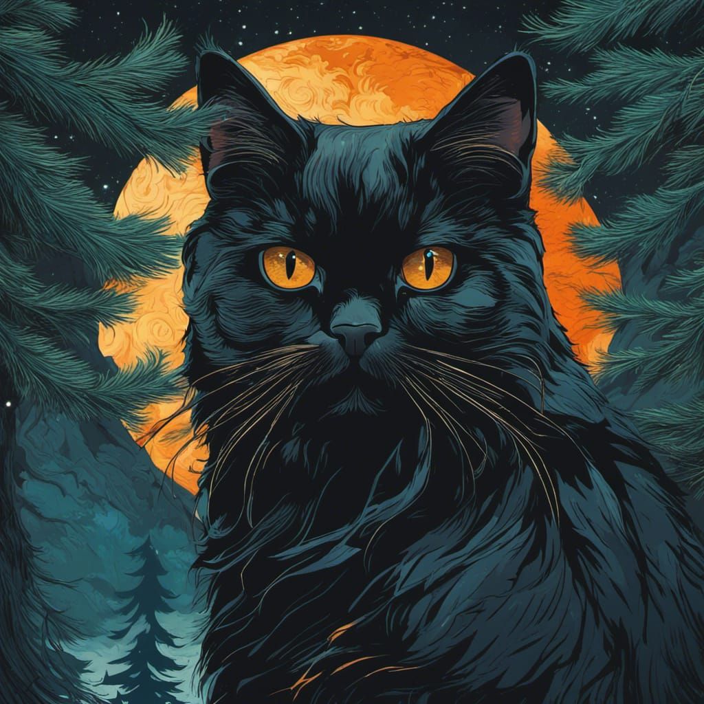 Black Persian Cat in Starry Evergreen Forest