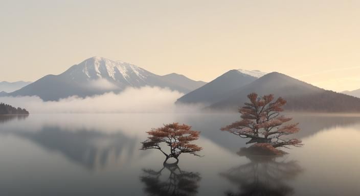 Serene Lake Hibara at Dawn: Cinematic Film Still