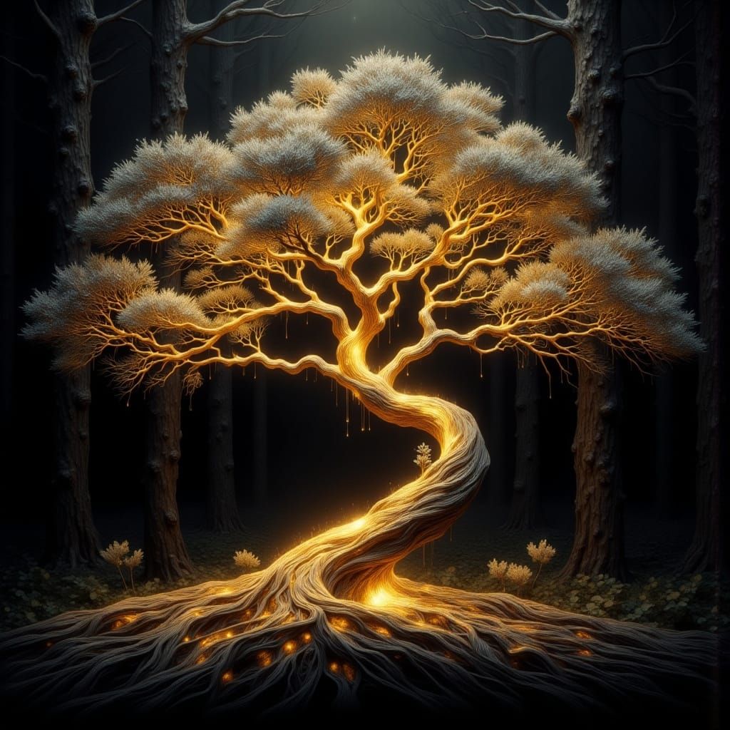 Golden Silver Tree in Dark Forest with Firelight