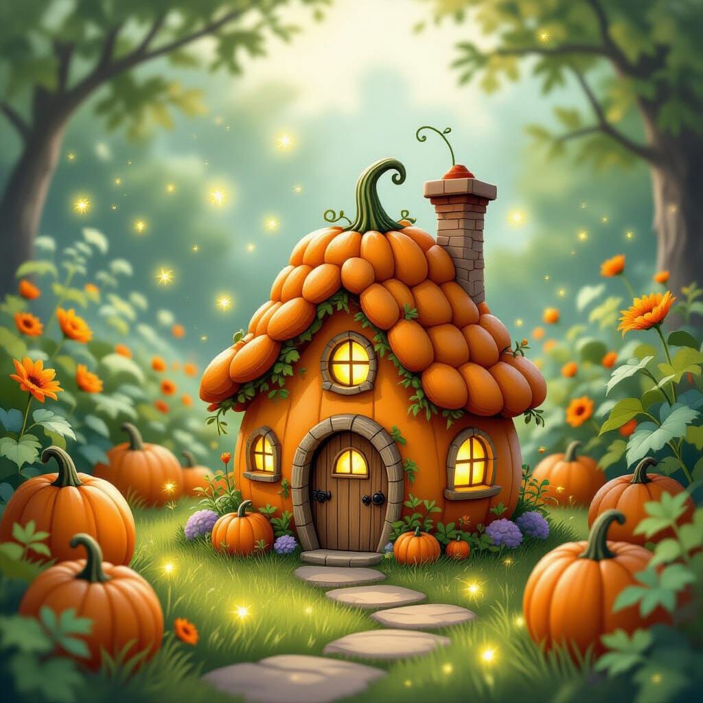 Whimsical Pumpkin Fairy House With Fireflies