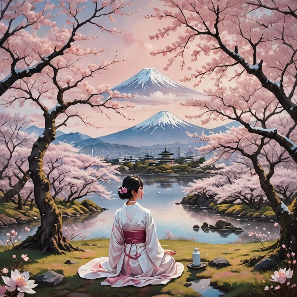 Meditating Girl in Cherry Blossom Field
