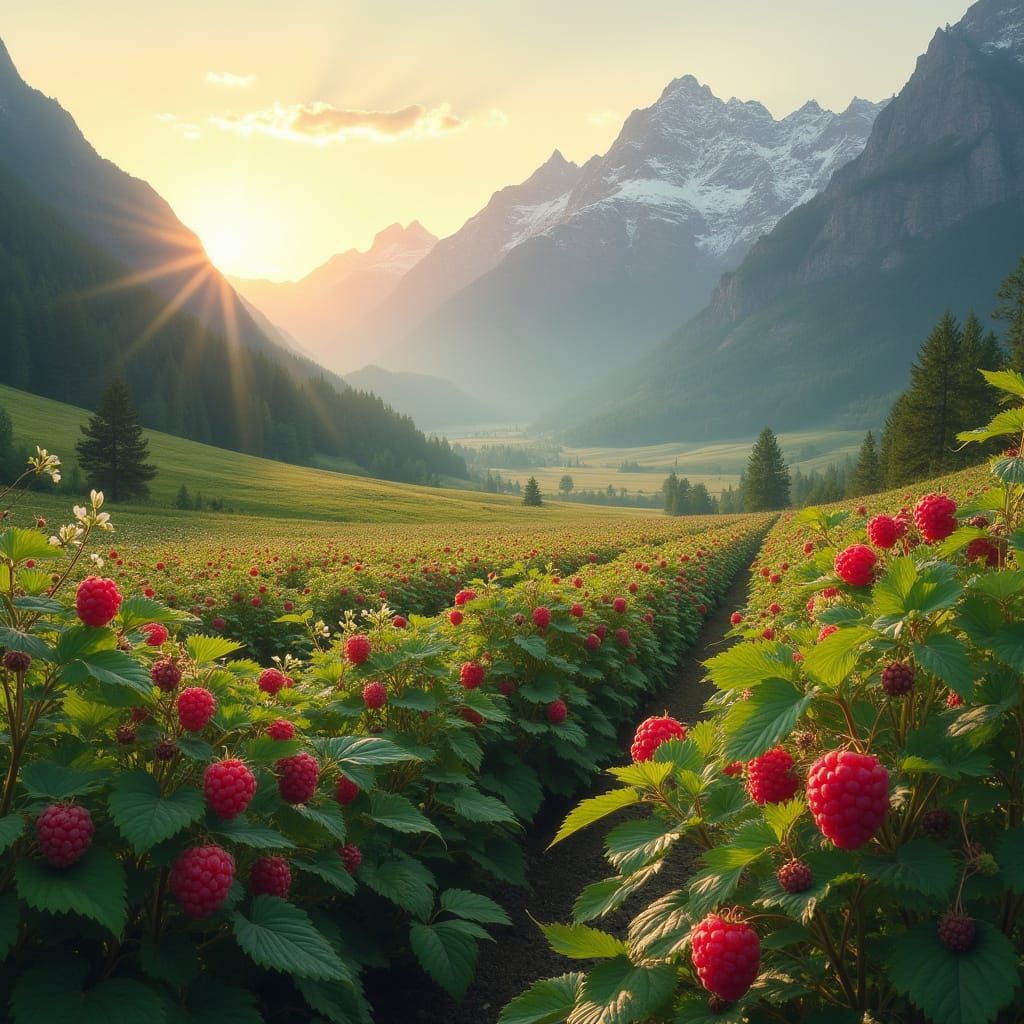 Golden Dawn Raspberries in a Serene Valley Landscape