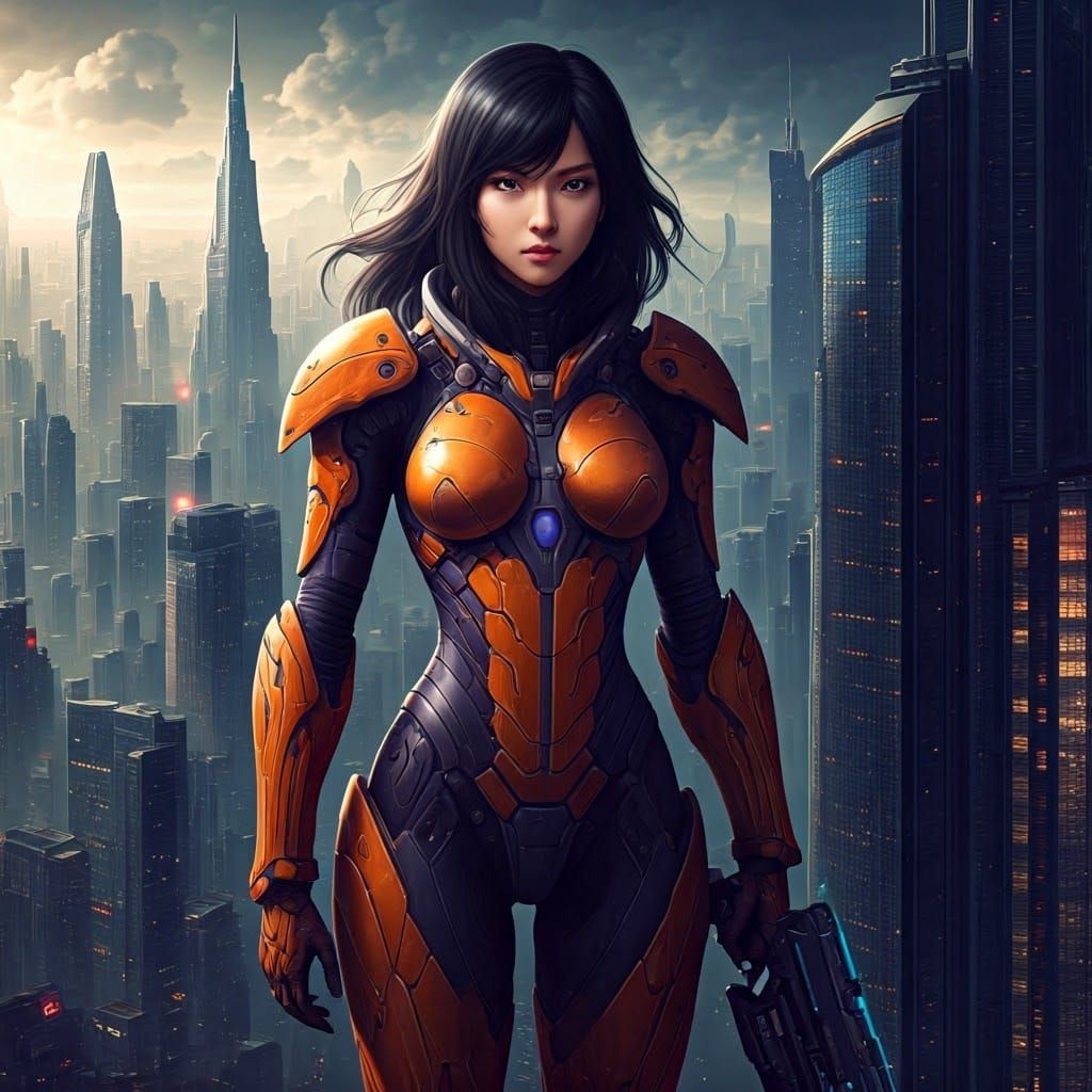 Anime-Inspired Warrior Stands Ready in Futuristic Metropolis