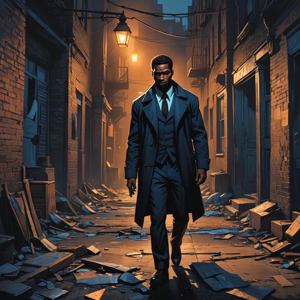 Noir Scene: Man Investigates Crime Scene at Night