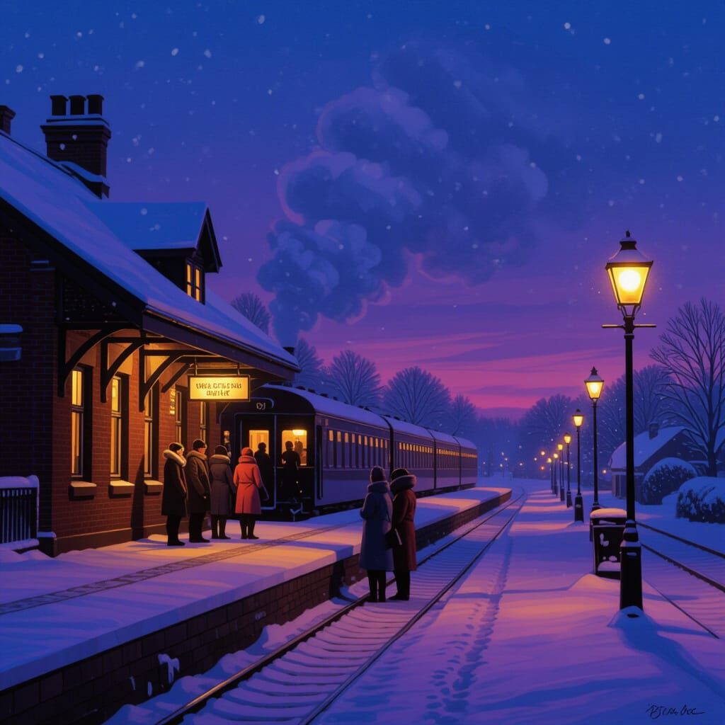 Winter Twilight Village Station Scene with Snow and Warm Lig...