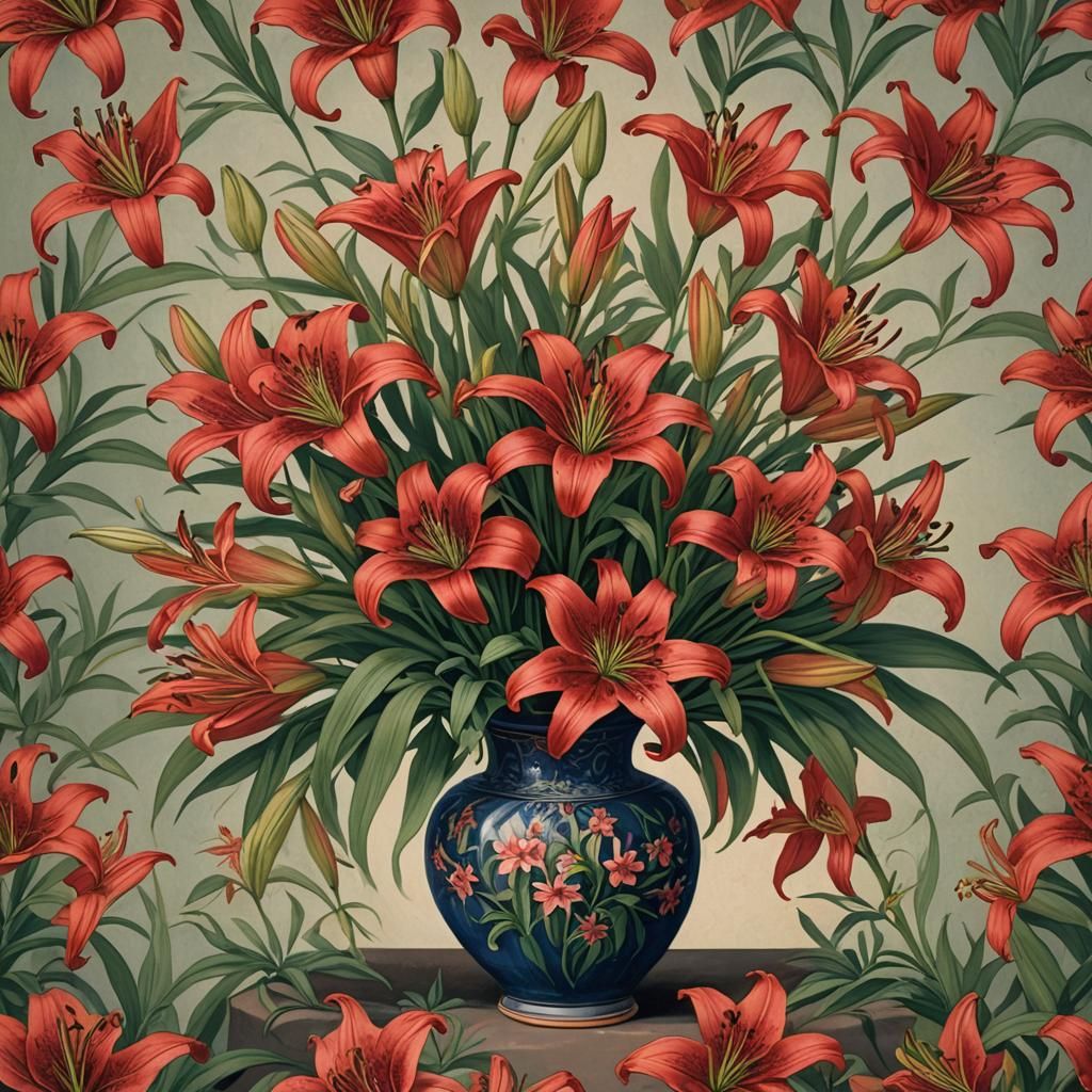 Vase of Red Lilies Still Life