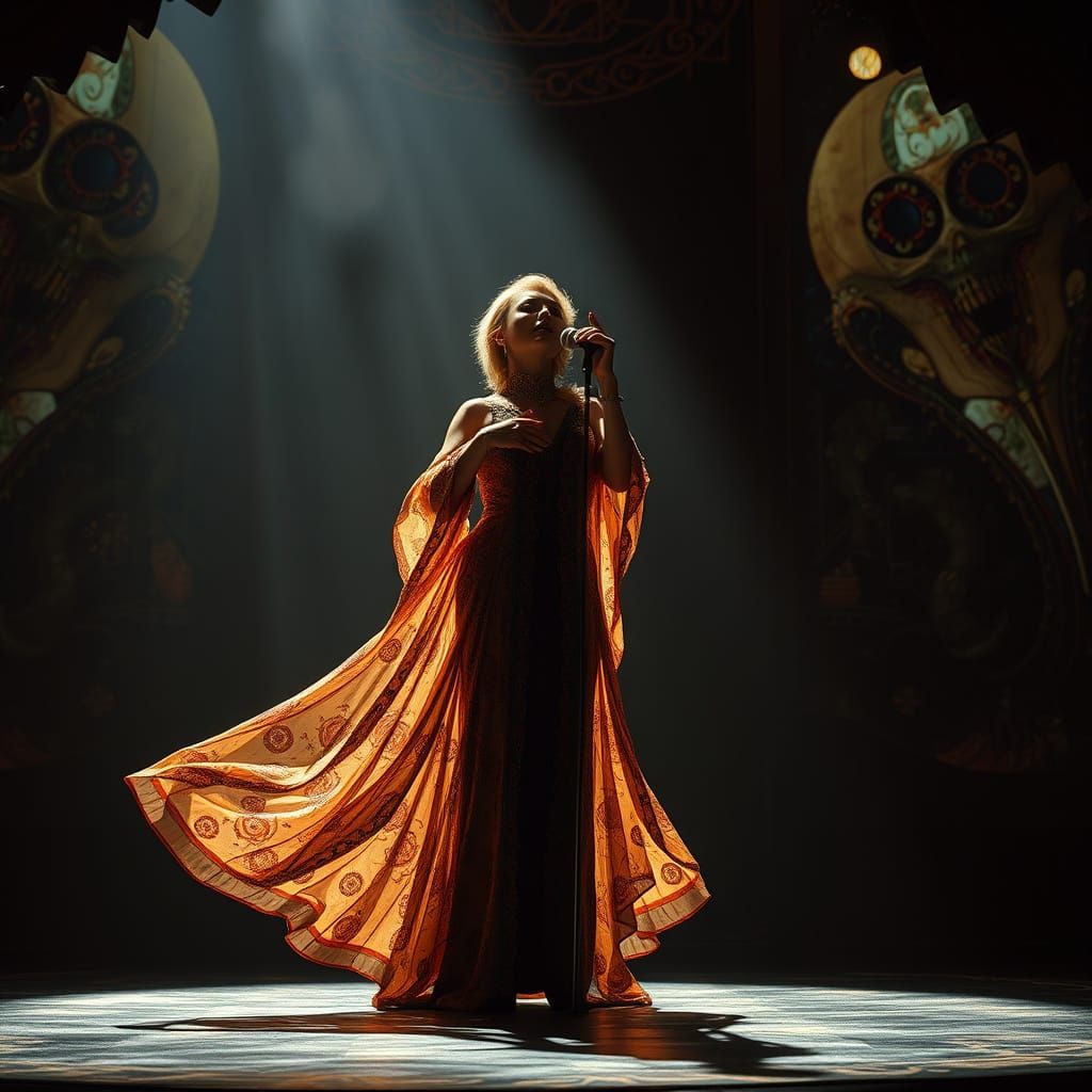 Avant-Garde Singer on Art Deco Stage in Klimt & Giger Style