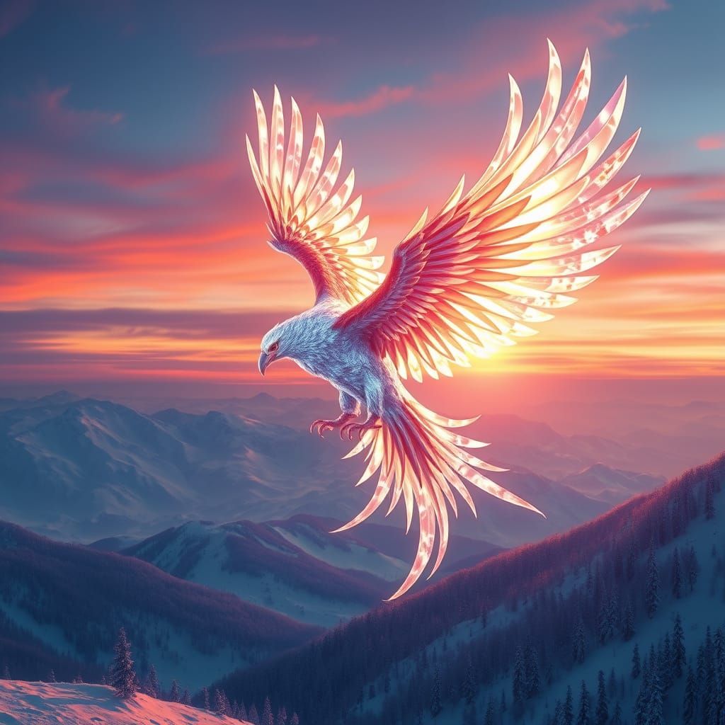 Crystal Phoenix Soaring Through Twilight Sky