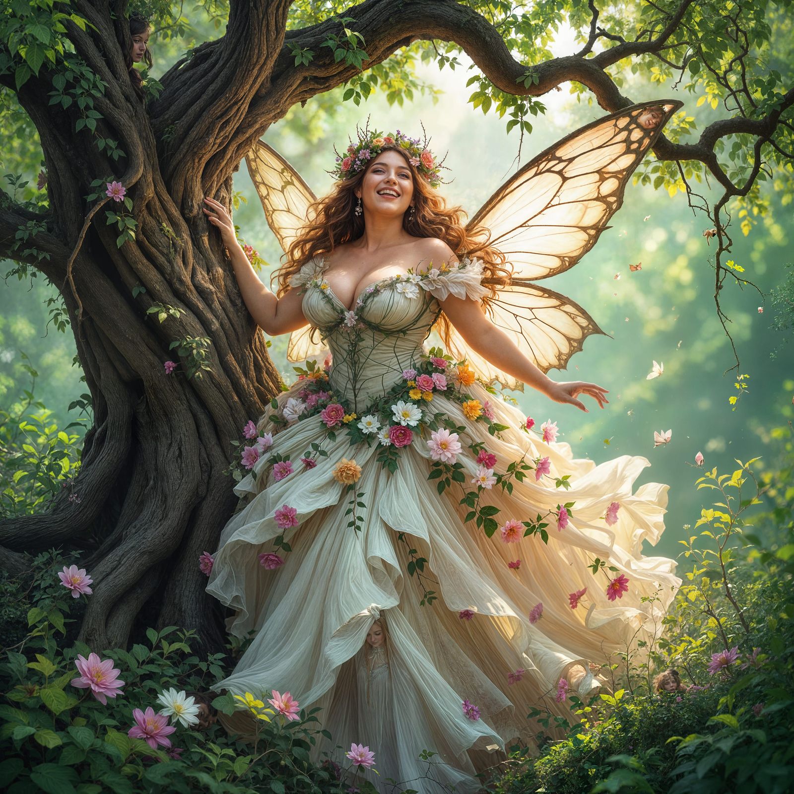 Enchanted Fairy Emerges from Ancient Oak, Dark Fantasy Art