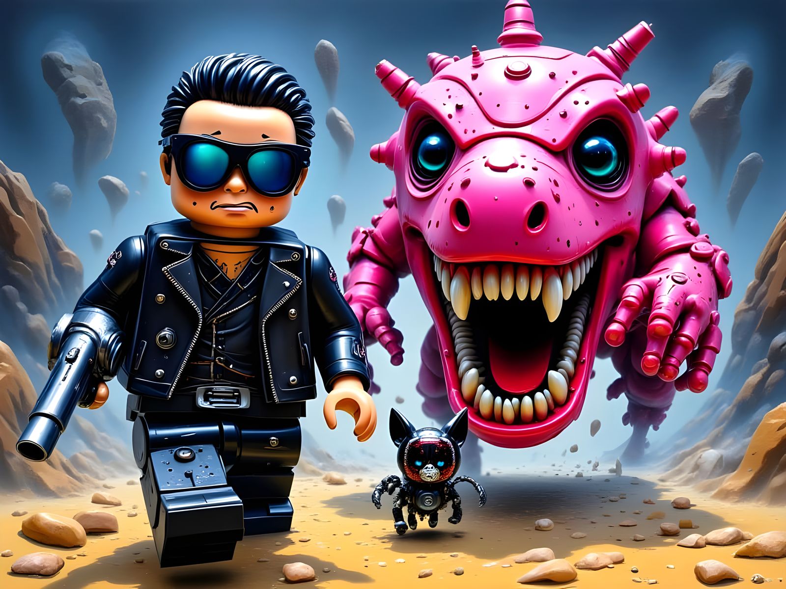 Lego Terminator Running From T-Rex with Glitch Effects