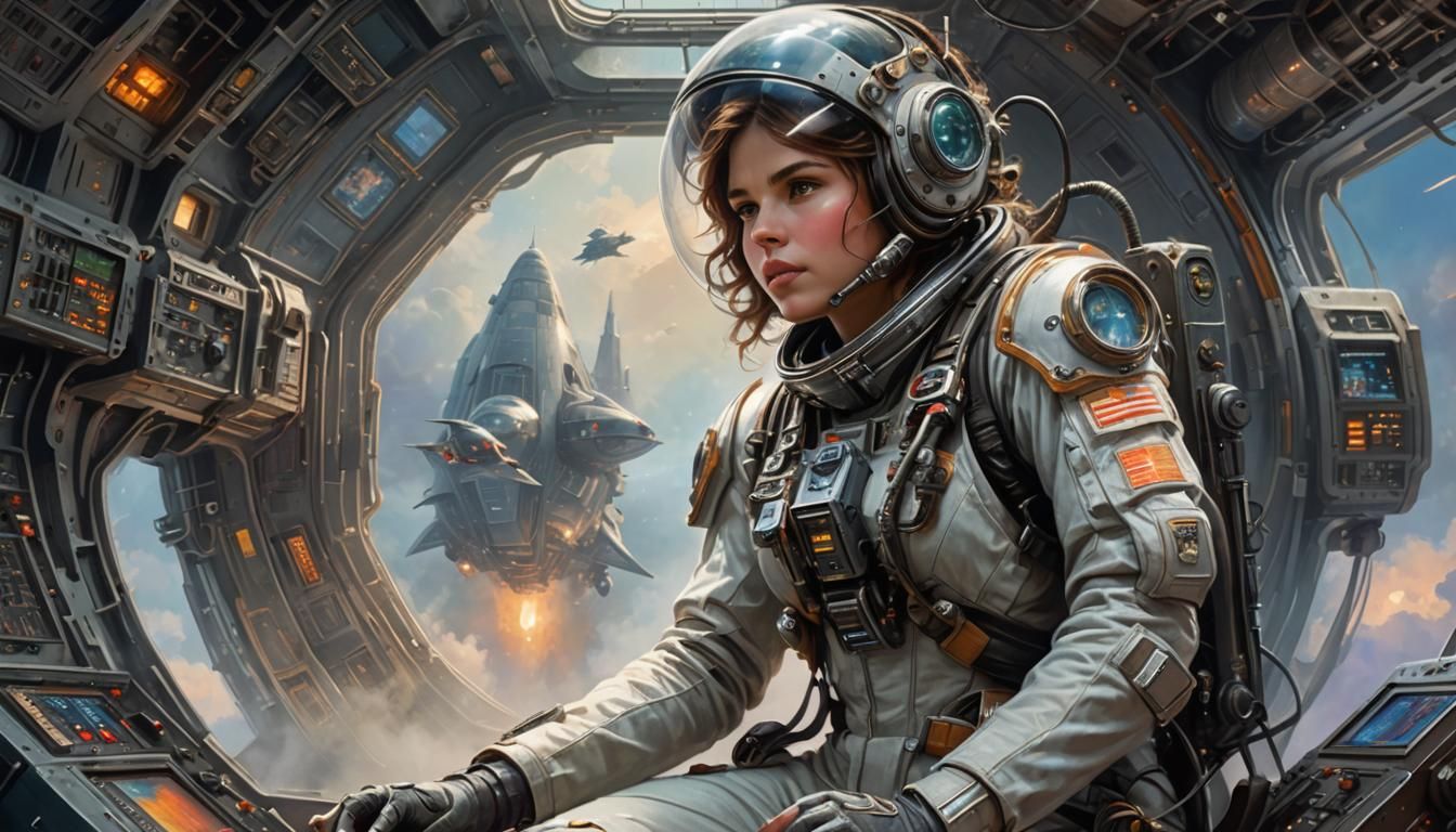 Sci-Fi Pilot Navigating Spaceship in Ethereal Style