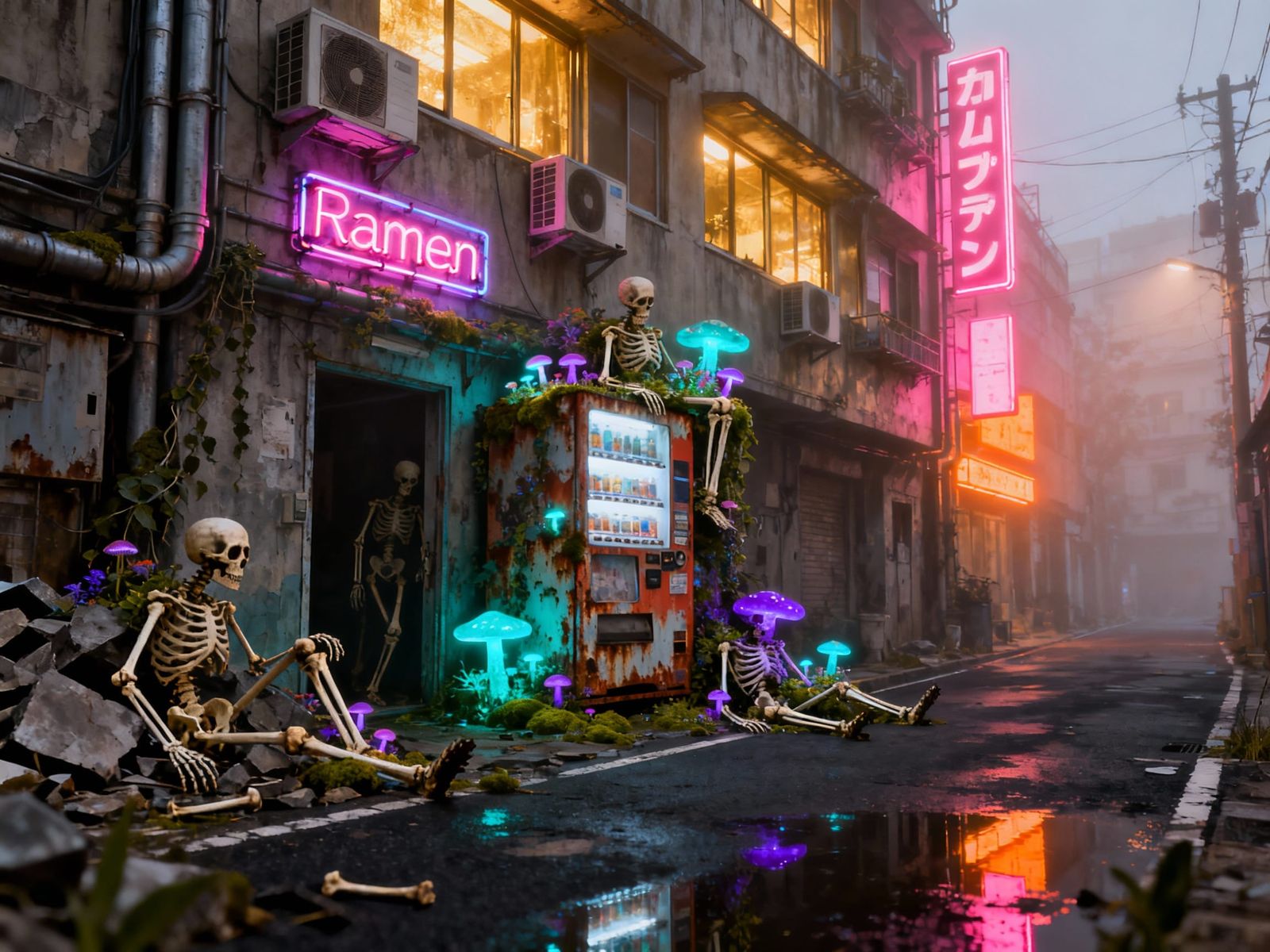 Cyberpunk Alley Scene with Skeletons and Neon Signs