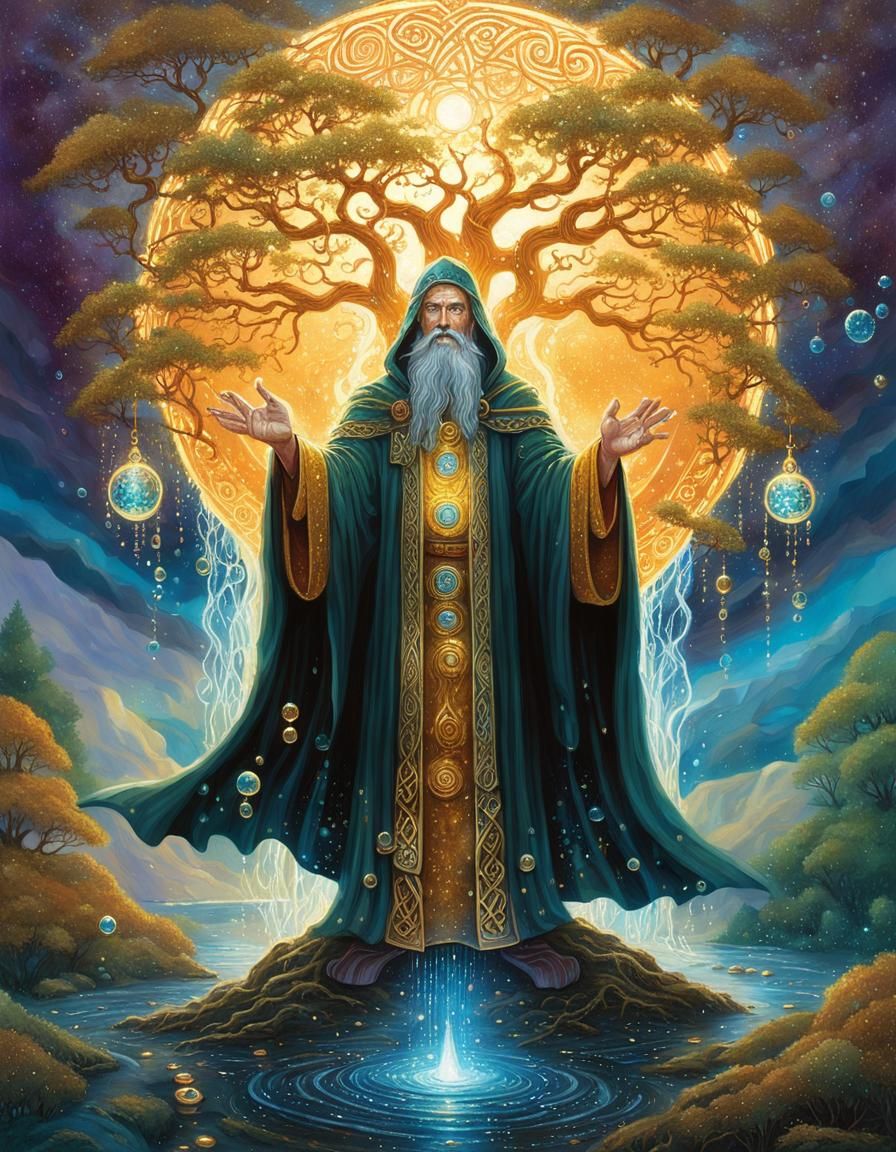 Magic Celtic Tree Spirit Wizard Portrait in Pointillist Styl...