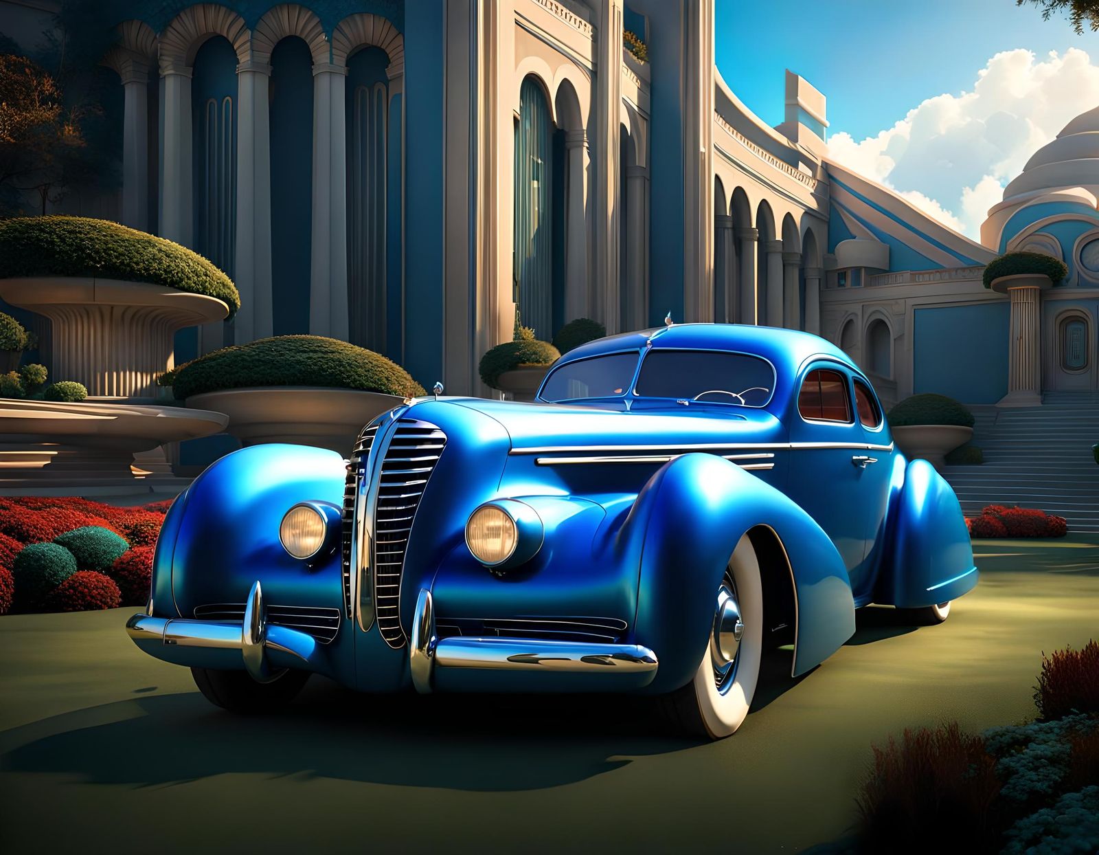 Retrofuturistic Art Deco Car in Matte Painting Style
