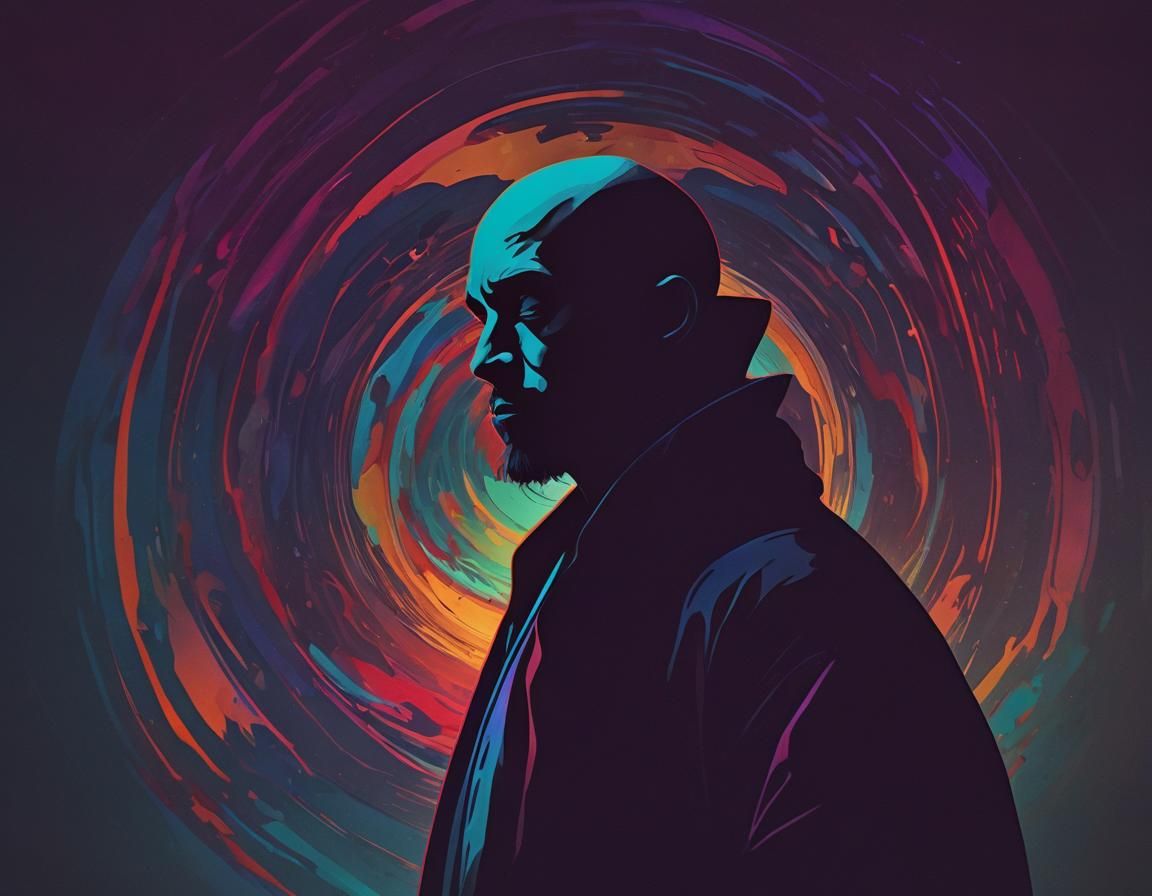 Psychedelic Monk Silhouette Against Aura Sunset