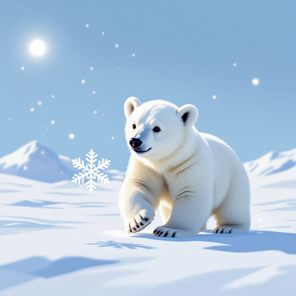 Adorable Baby Polar Bear Chasing Snowflake in Arctic