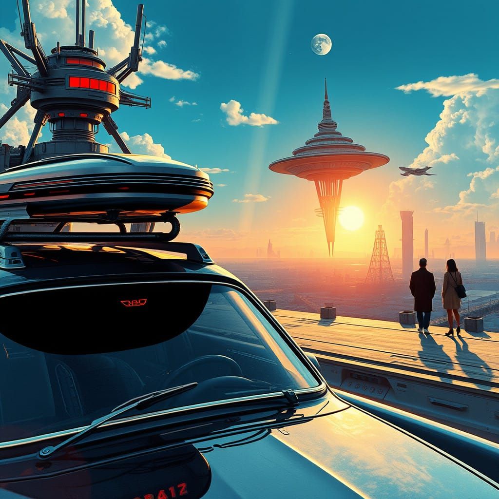 Retrofuturistic Car Scene in Vintage Sci-Fi Poster Style