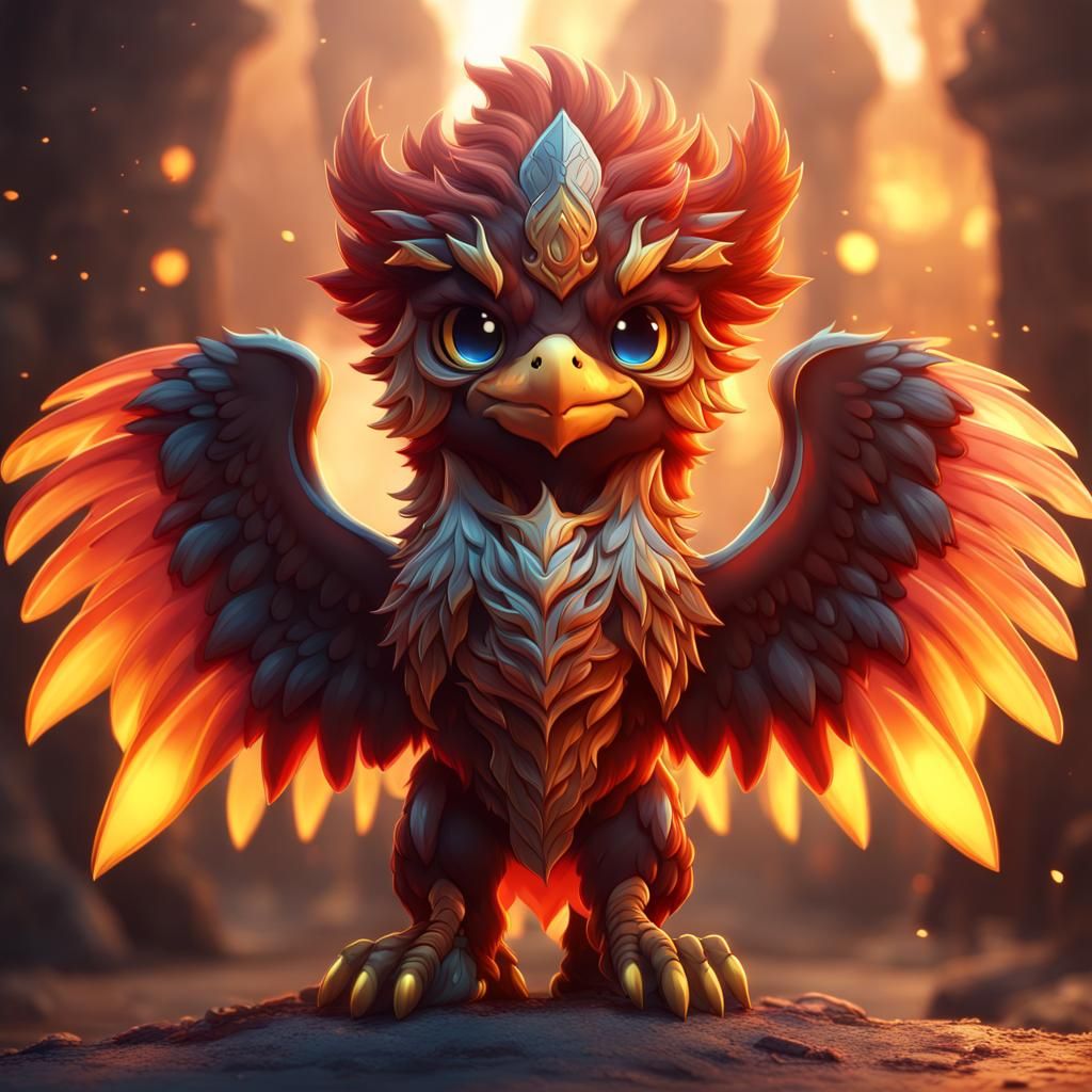 Fiery Chibi Griffin: Detailed Fantasy Art