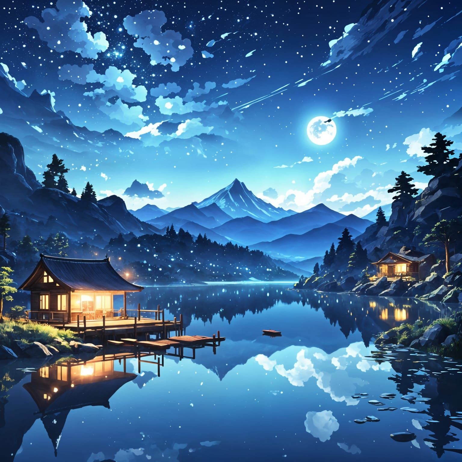 Serene Lake Reflecting Starry Night Sky in 3D Anime Art