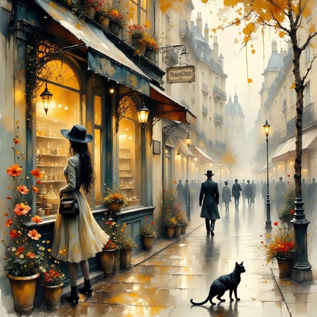 Parisian Beauty with Black Cat, Storybook Illustration