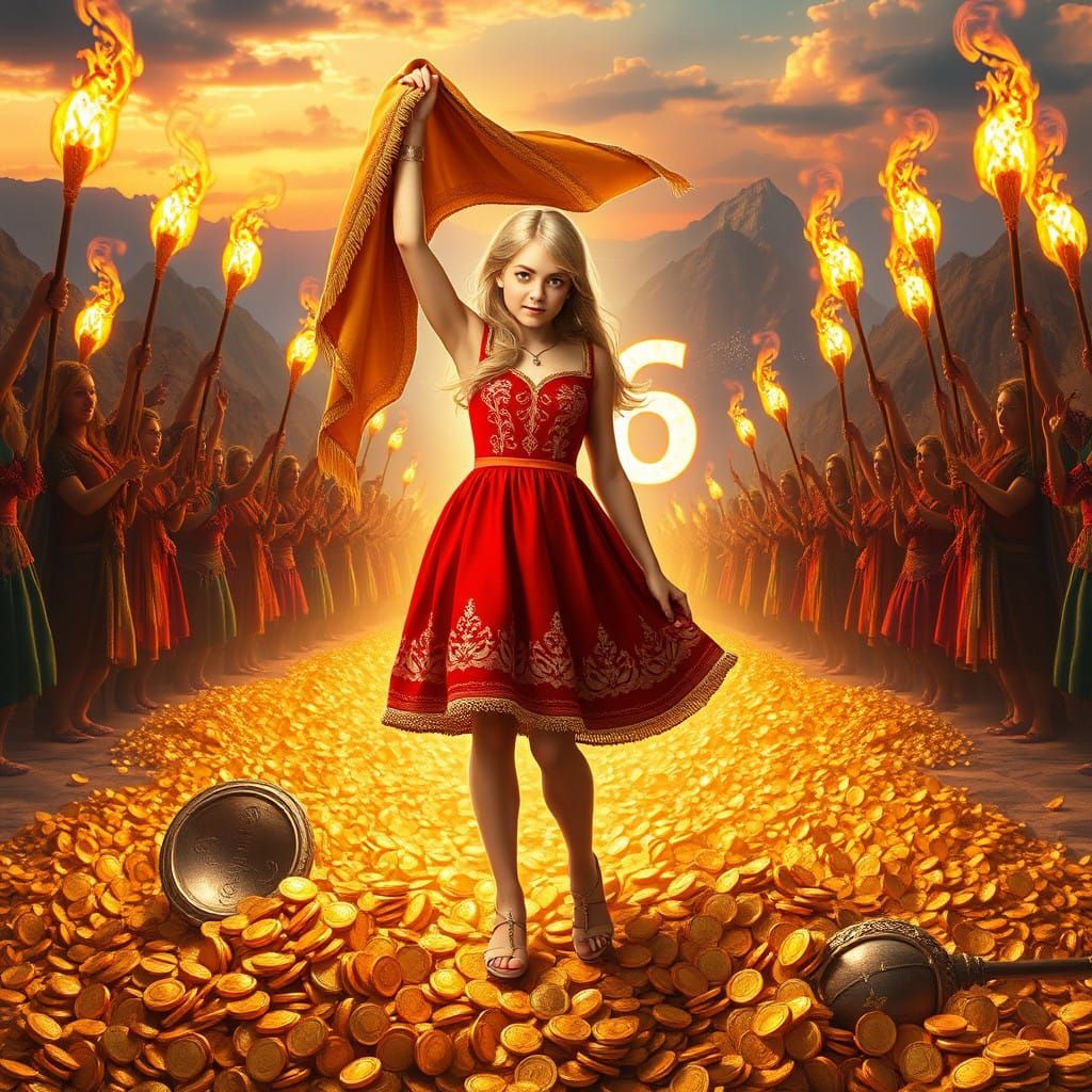 Triumphant Alice in Resplendent Red, Surrounded by Golden Gl...