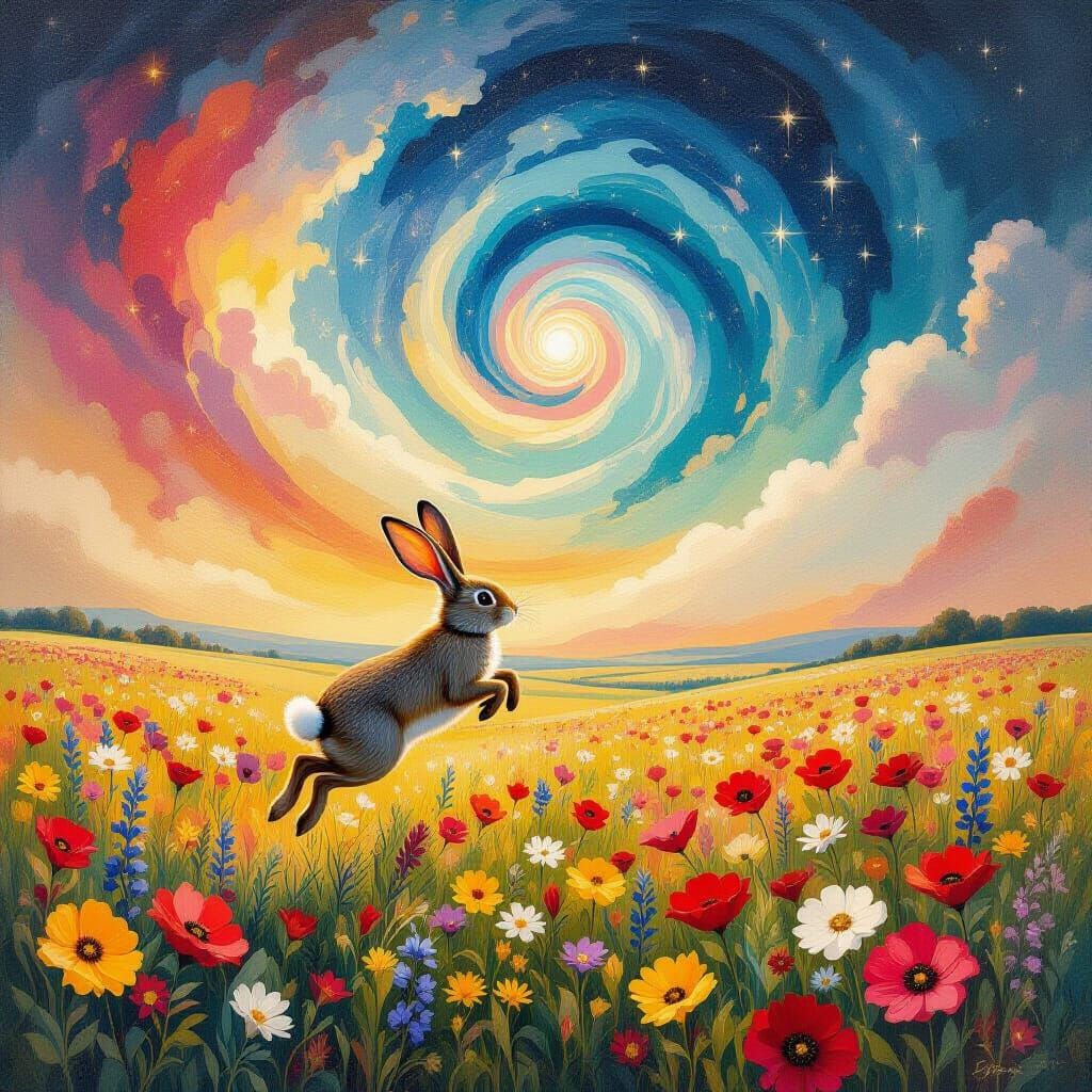 Rabbit Leaping in Cosmic Field of Wildflowers