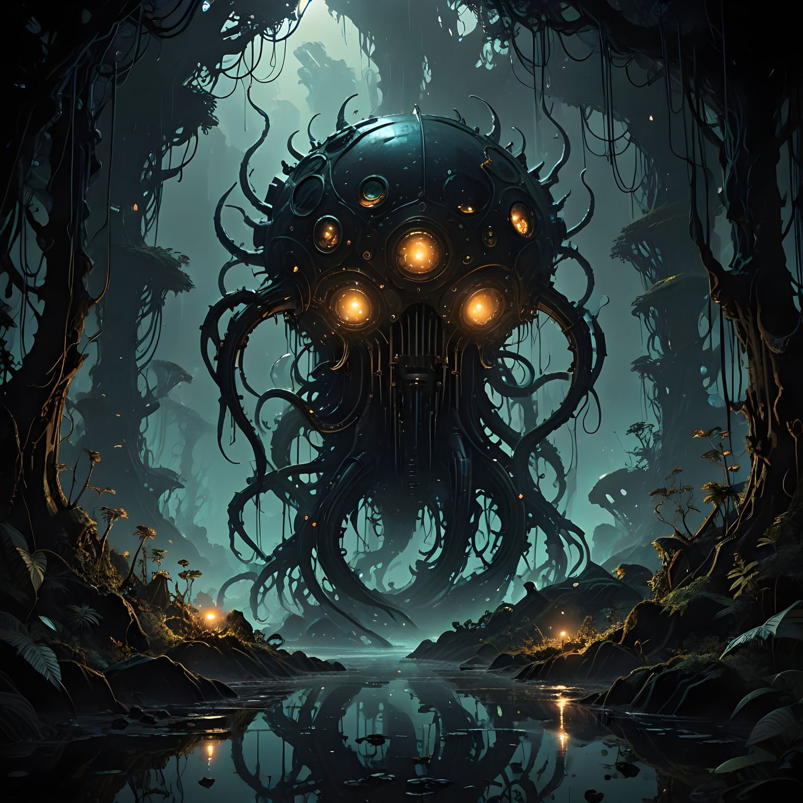 Barnacle-Encrusted Computer in Bioluminescent Forest