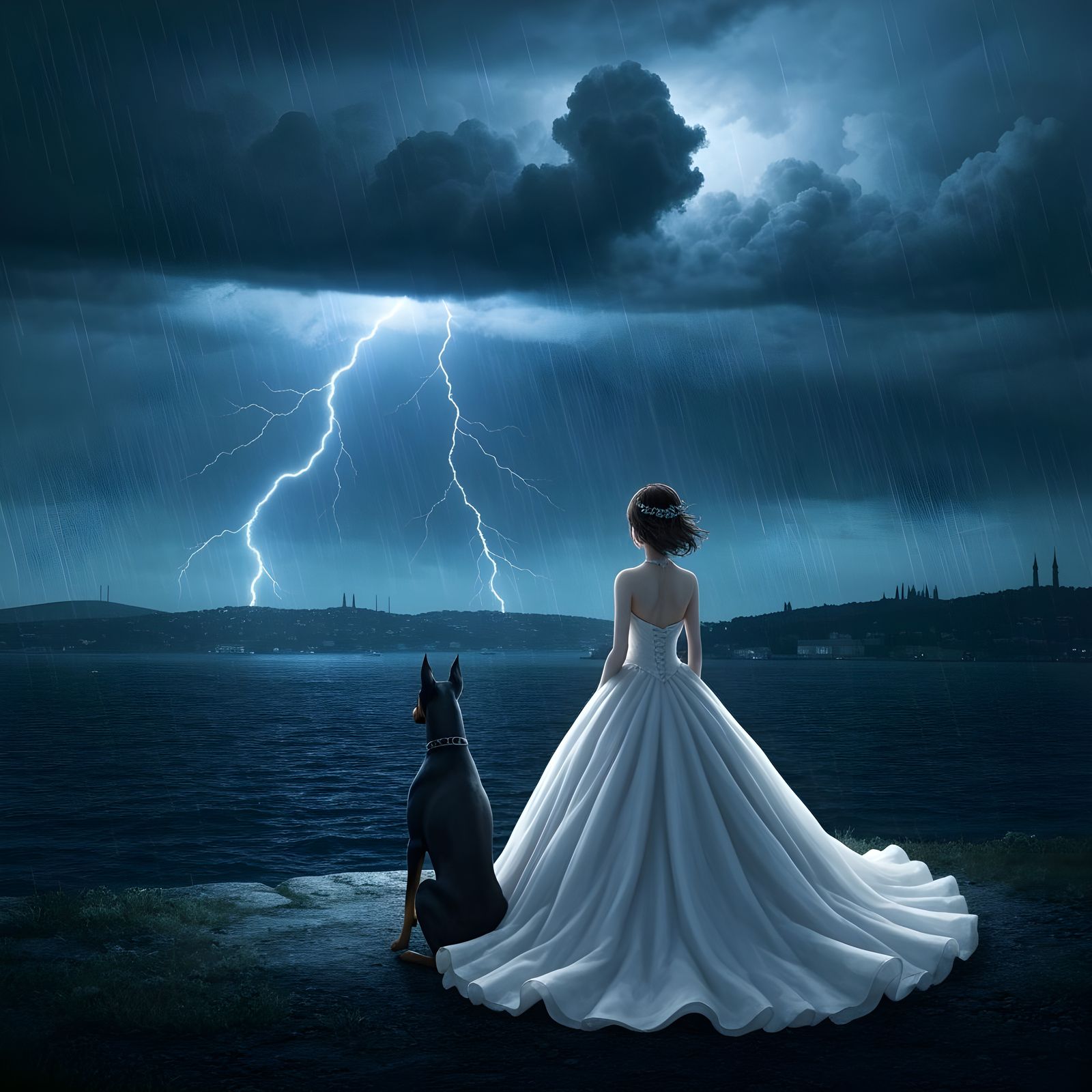 Woman in Wedding Dress Overlooking Stormy Bosphorus